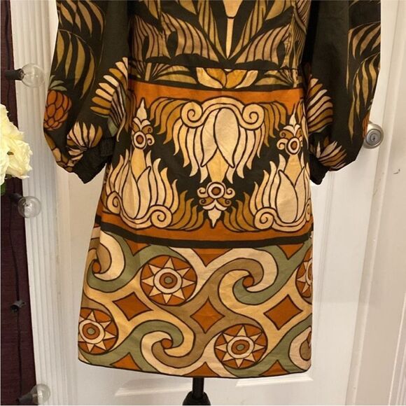 Johanna Ortiz Elegant Brown and Orange Patterned puffy sleeves mini Dress, US8 - Picture 9 of 14